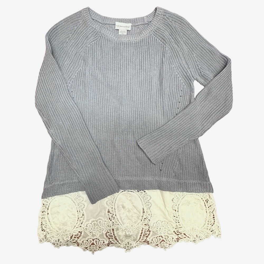 Soft Surroundings Tunic Sweater Embroidered Lace‎ Hem Blue White Coastal Small